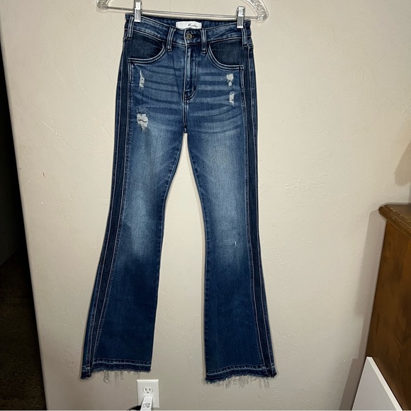 Kancan Morgan High Rise Flare Two Tone Raw Hem Flare Distressed Denim Jeans - Picture 5 of 12